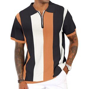 Men Short Sleeve Polo Shirt Black Brown White Vertical Striped Casual Zip Top